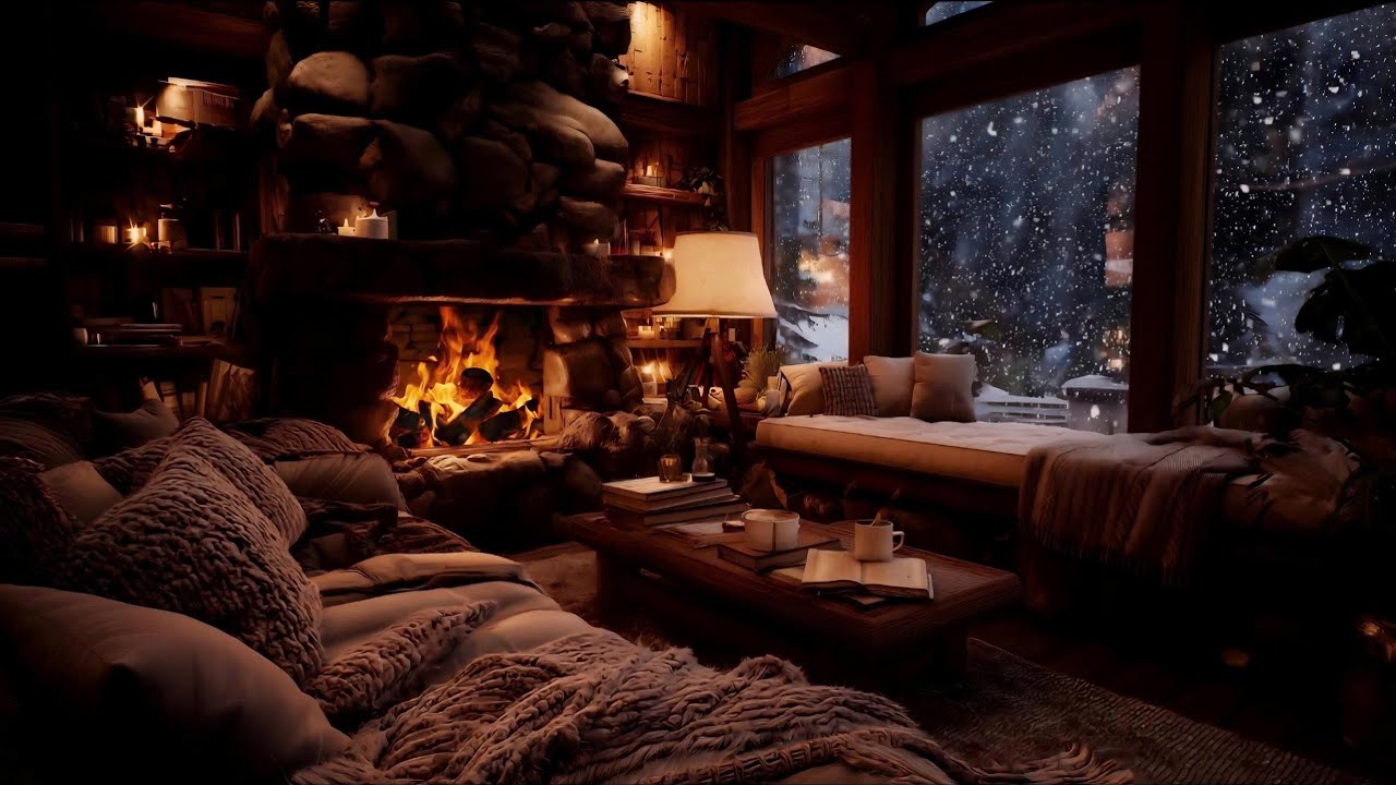 Snowfall Outside, Fireplace & Wind Inside 5H | Cozy Cabin Sleep Sounds (No Ads)