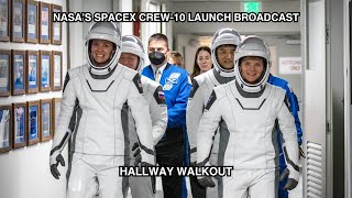 NASAs SpaceX Crew-10 Mission: Hallway Walkout - First Attempt
NASA astronauts Anne McClain and Nichole Ayers, along with JAXA (Japan Aerospace Exploration Agency) astronaut Takuya Onishi and Roscosmos cosmonaut Kirill Peskov walk out of the crew suit-up room of NASAs Neil A. Armstrong Operations and Checkout Building at Kennedy Space Center in Florida ahead of launch of the NASAs SpaceX Crew-10. The crew members will launch inside a Dragon spacecraft atop a SpaceX Falcon 9 rocket from Launch Complex 39A at NASA Kennedy. Liftoff is targeted for 7:48 p.m. EDT Wednesday, March 12, 2025.
Credit: NASA
To learn more about NASA and the Kennedy Space Center please visit:
https://www.nasa.gov
https://www.nasa.gov/kennedy
Follow NASAs Kennedy Space Center!
X: x.com/NASAKennedy
Facebook: facebook.com/NASAKennedy
Instagram: instagram.com/nasakennedy/
YouTube: youtube.com/@NASAKennedy
#Space #NASA #Crew10 NASAs SpaceX Crew-10 Mission: Hallway Walkout - First Attempt