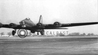 US planes of 8th Bomber Command taxiing and taking off at an air base in England. HD Stock Footage