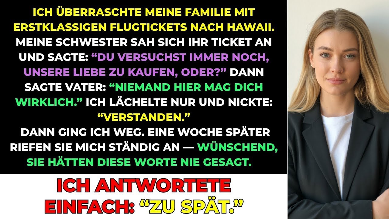 Meine Schwester warf das Erste-Klasse-Ticket auf den Teller und grinste. „Du versuchst immer noch, unsere Liebe zu kaufen, nicht wahr?“ Mein Vater lachte laut: „Niemand hier mag dich wirklich.“...
