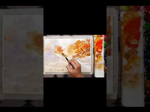 #<strong>shorts</strong> Without <strong>Sketch</strong> Landscape Watercolor - Walk in autumn (color mixing, Arches)