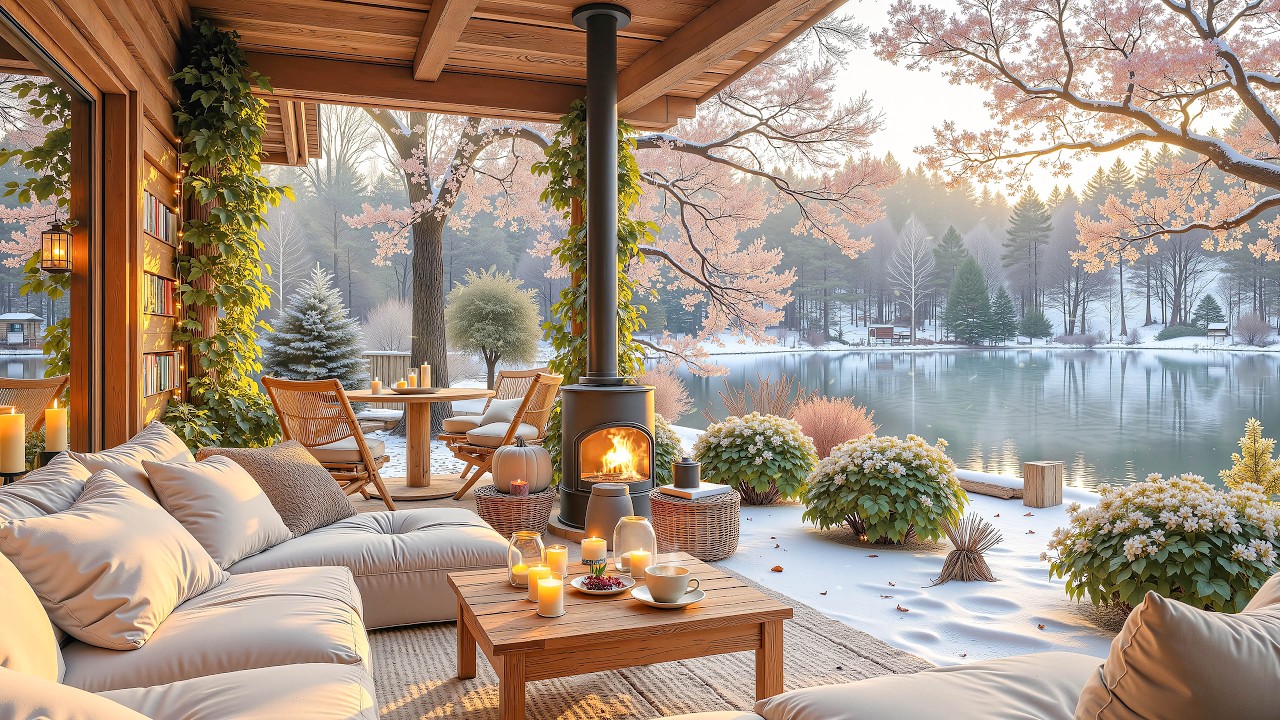 Spring Lakeside Cabin Jazz 🌸 | Cozy Fireplace Sounds with Cherry Blossom View for Study & Calm Focus