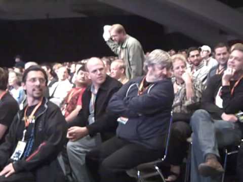 James, Eric and Chris throwing T-shirts during a keynote