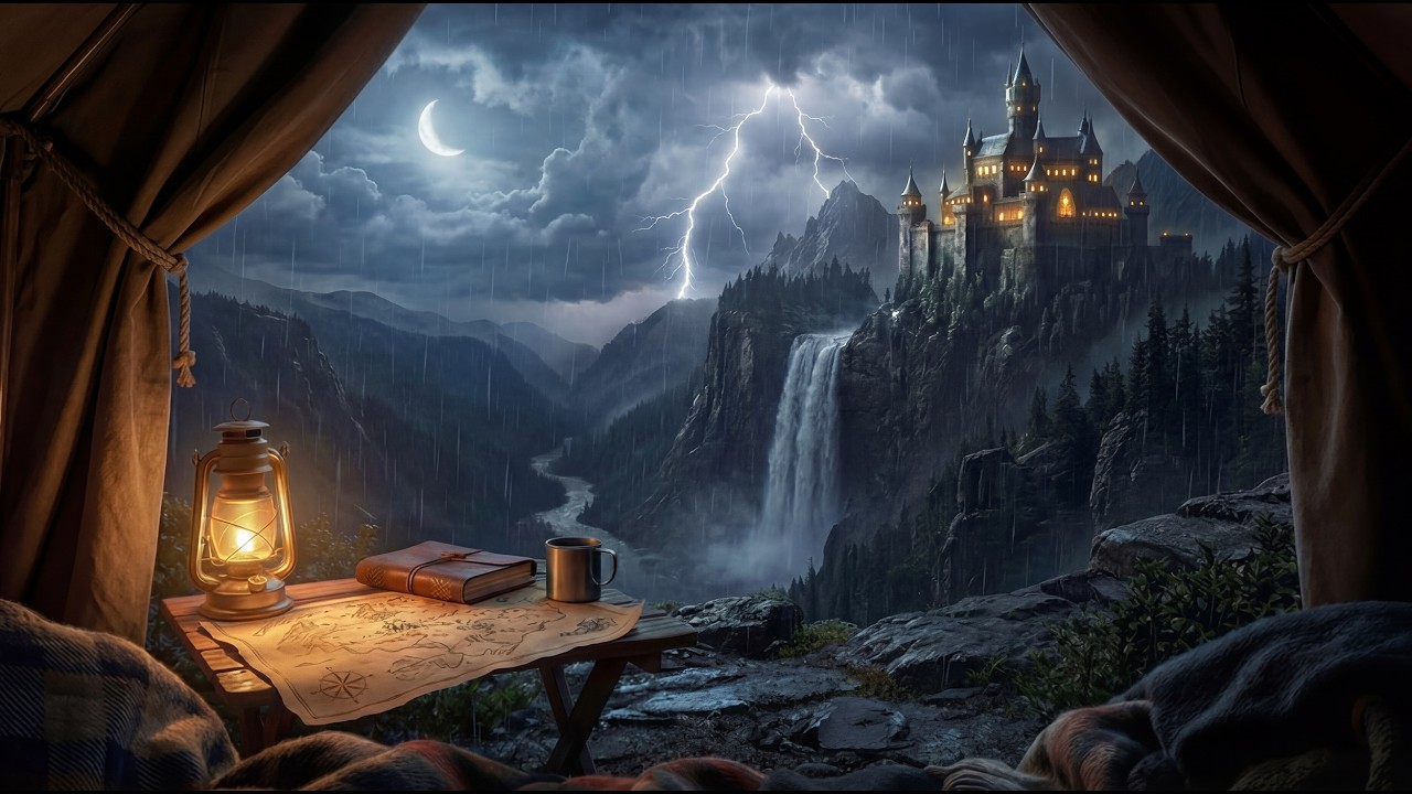 Cozy Tent in a Heavy Thunderstorm ⛺ Rain, Waterfall & Fantasy Castle Ambience for Sleep and Focus.