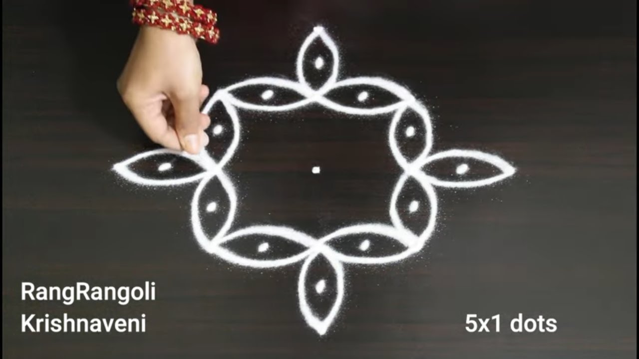 Easy Daily Muggulu🌺5x1 dots Latest Rangoli🌺Simple Kolam🌺RangRangoli Krishnaveni