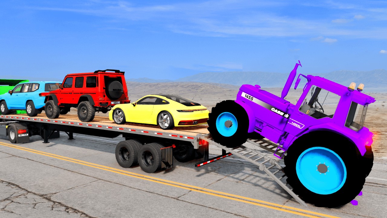 Flatbed Trailer McQueen Transportation with Truck - Speedbump vs Car vs Train - BeamNG.drive #64