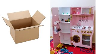 مطبخ أطفال من الكرتون -DIY Cardboard kids play kitchen part 2