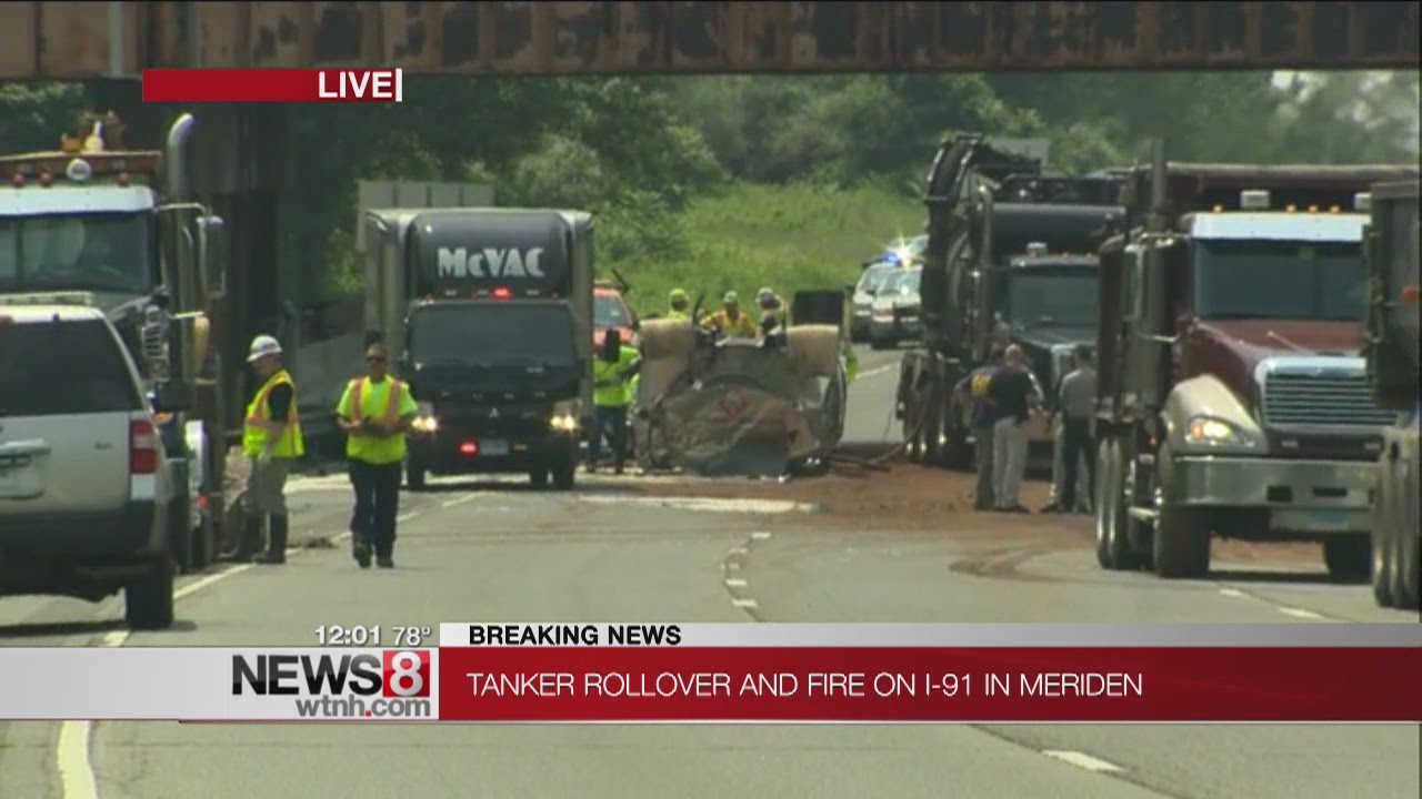 Tanker truck rollover, fire closes I-91 in Meriden - YouTube