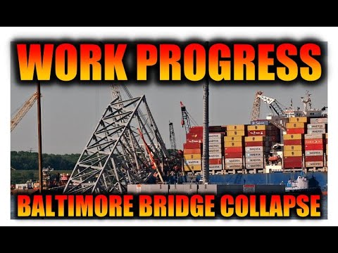 Work continues at Baltimores Key Bridge Collapse Site on May 11, 2024  The Dali remains pinned.  4K