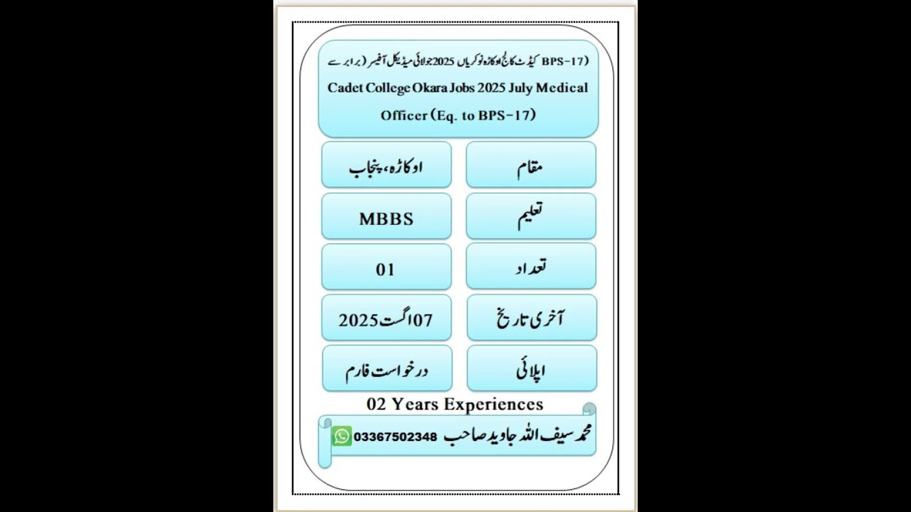 Cadet College Okara Jobs 2025 July Medical Officer (Eq. to BPS-17)| Success spectrum job information