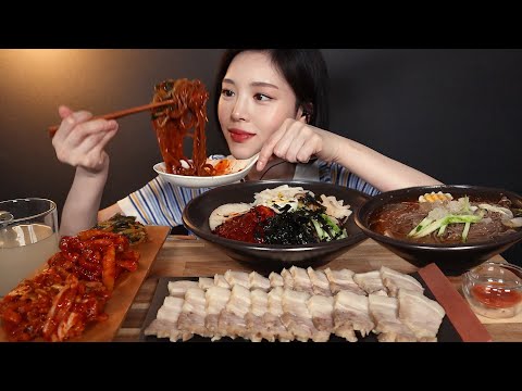 SUB)매콤새콤 메밀비빔막국수에 수육 먹방 ! 살얼음 동동 물막국수까지 리얼사운드 bibim makguksu suyuk mukbang ASMR