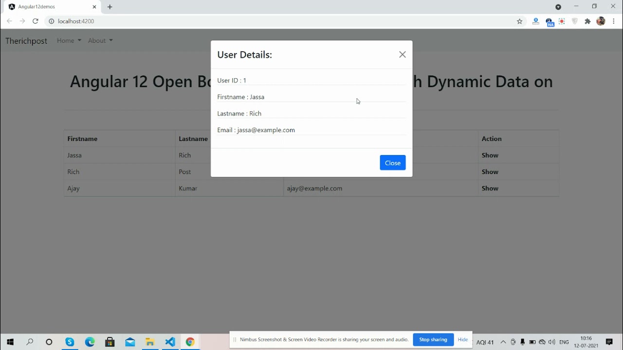 Angular 12 Open Bootstrap 5 Modal Popup with Dynamic Data on Button Click Table Row