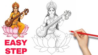 How to draw Saraswati Devi Drawing | Saraswati Puja drawing | Vasant Panchmi Drawing