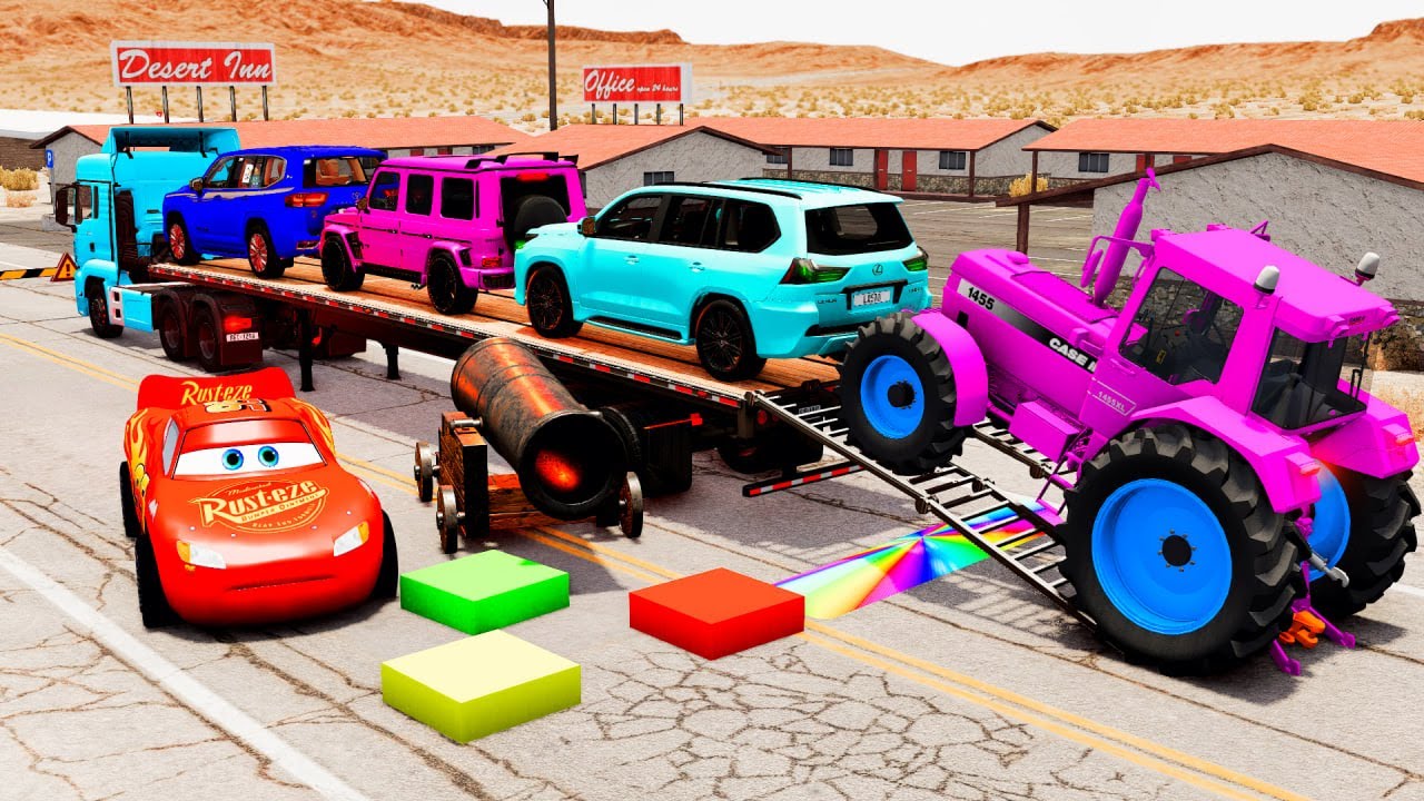TRANSPORTING PIXAR CARS & FRUITS WITH COLORED & JOHN DEERE vs CLAAS vs TRACTORS - BeamNG.drive #962