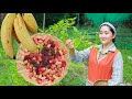 Sweet mulberry fruit harvest with giant banana and guava in my homeland | Native Chicken Boiling |