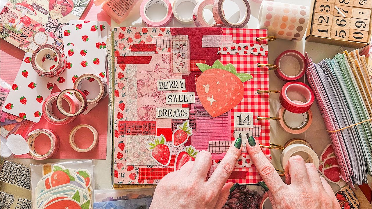 ASMR Scrapbook With Me | Strawberry Theme | Relaxing Stationery Sounds | No Talking