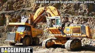 HUGE OLD Liebherr R984B shovel loads Komatsu HD405 truck
