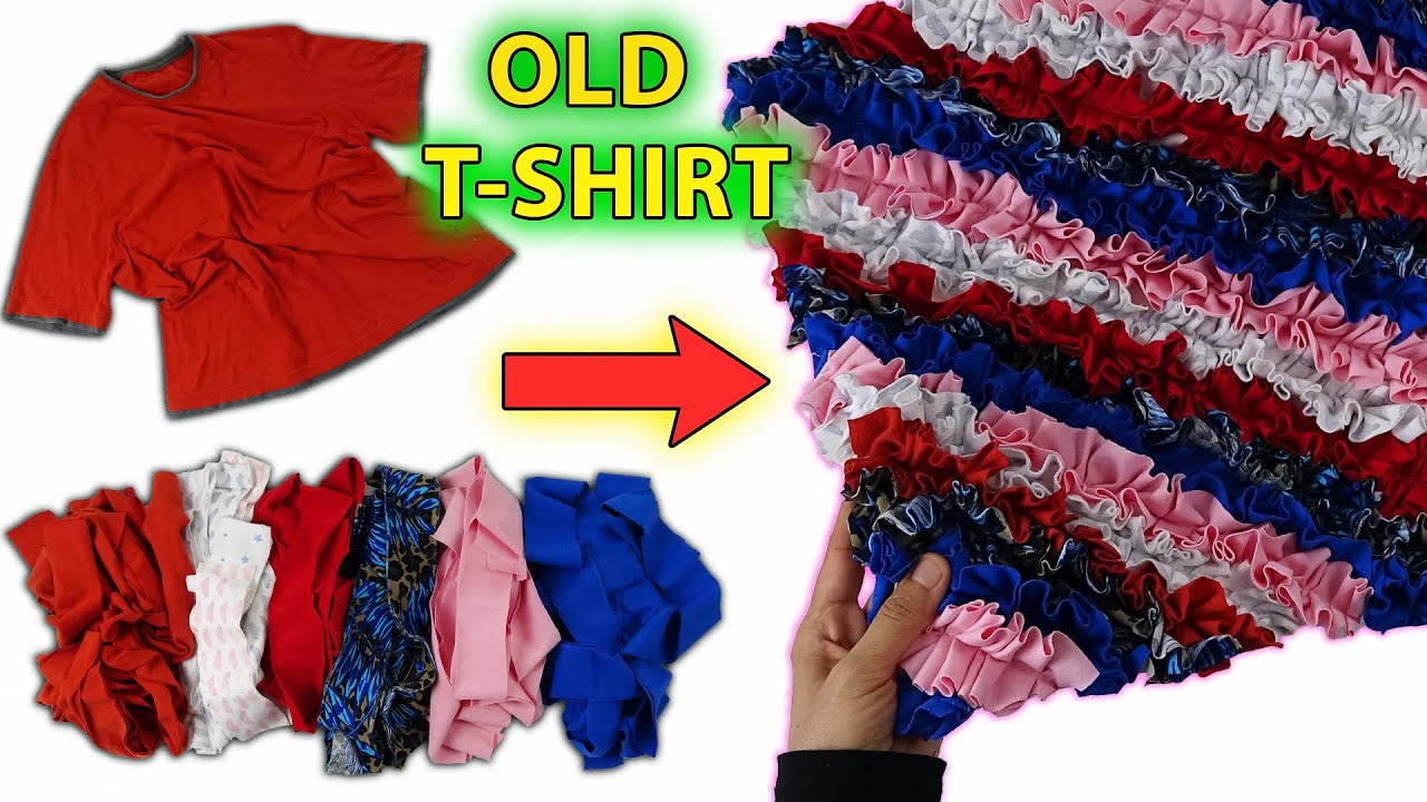 VERY EASY DOOR MAT MAKING FROM OLD T SHIRTS  Recycling Old T Shirts  DIY  Idea  Carpet  Rag Rug