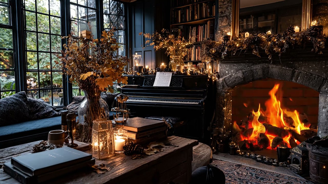 Rain Falling Softly Outside, Firelight Flickering, and Peaceful Piano Echoing Through the Room