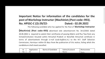 Hpssc Hamirpur Notification regarding workshop Instructer Post code 993