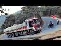 Dare Biker Cross Risk | Truck Extreme Risky Ghat Turn Crossing | Lorry Videos | Trucks In Mud