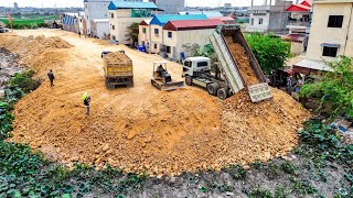 New UPDATE Great action Dump truck unloading rock soil fill up land & Dozer Push soil into water EP3