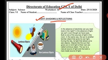 Worksheet 16 Science (English Medium)| class 6|Light:Shadow & Reflections|25.11.2020|