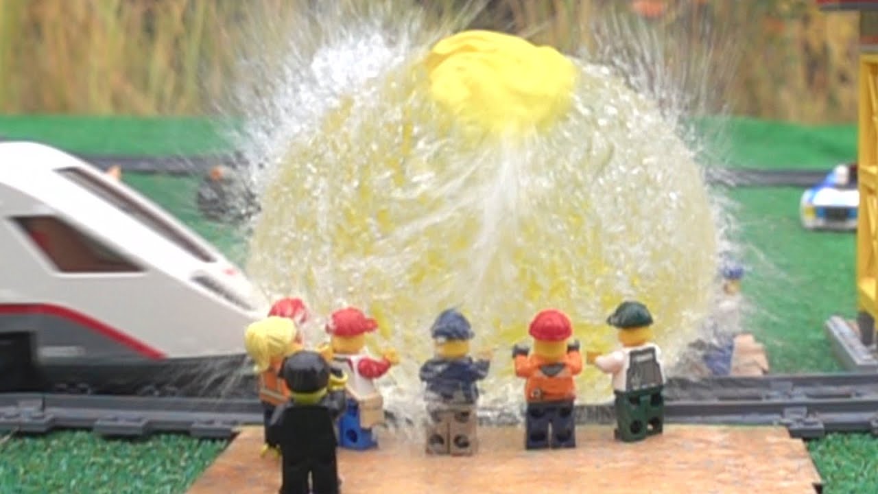 Water Balloons Breaks Lego Train - Slow Motion - YouTube
