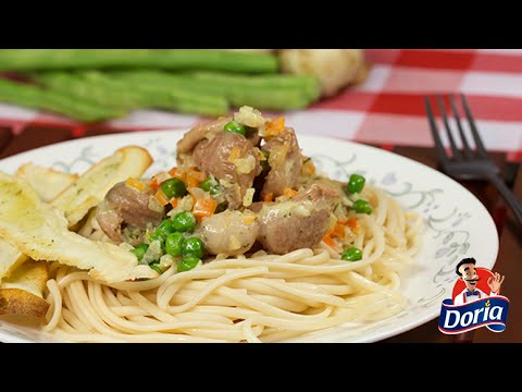 Spaghetti Doria con mollejas y verduras