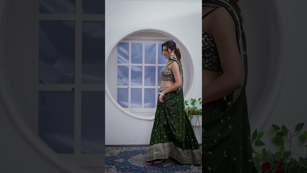 Olive Green Sequins Embroidered with Thread Work Lehenga – Faux Georgette