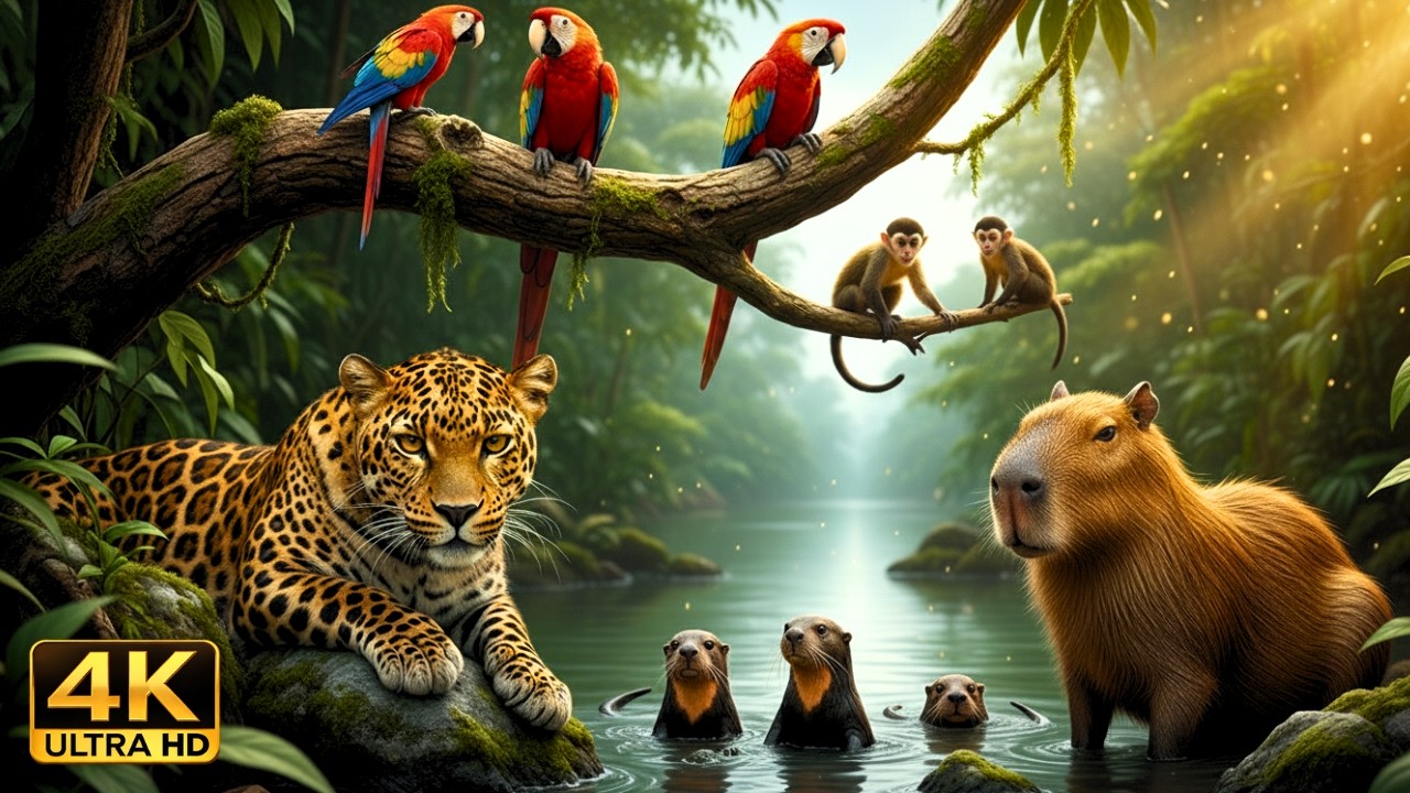 Amazon Rainforest Sounds 🌿 Leopard & Jungle Wildlife with Birds and River Life (4K) #usa