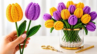 How to Crochet Realistic Tulips 🌷 Easy 3D Tulip Bouquet Tutorial for Beginners💛Step by step💜