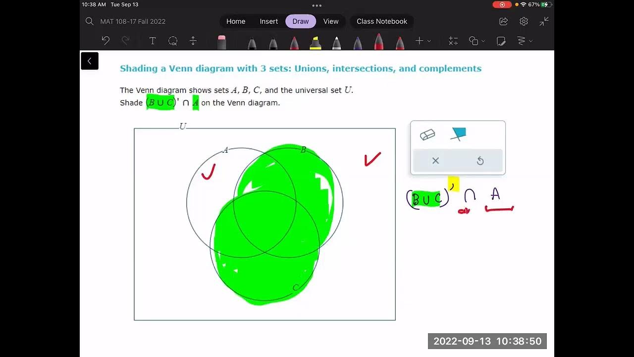 Shading a Venn diagram with 3 sets; Unions, intersections, and