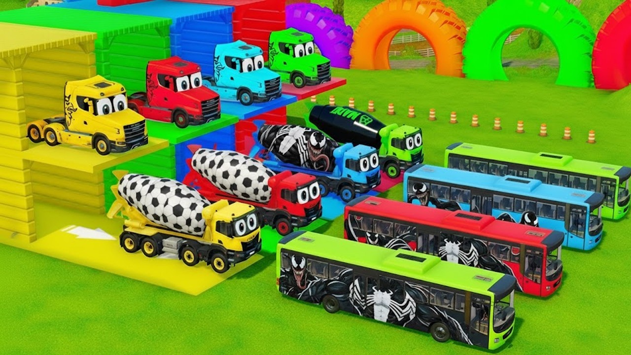 Garage with Colors - ALL MIXER TRUCK WITH DOUBLE FLATBED TRAILER TRUCK, KENWORTH, MAN - FS22