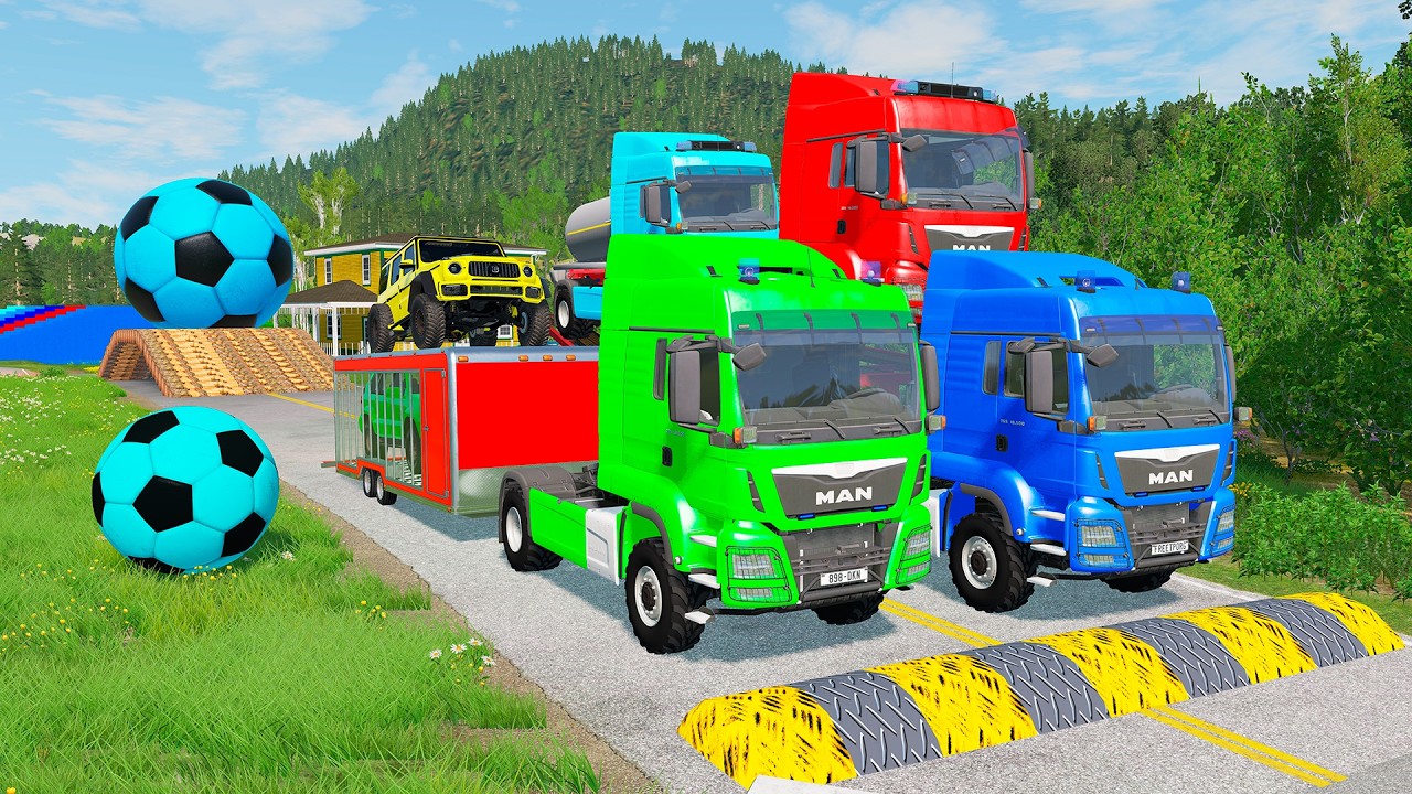 Triple Flatbed Trailer McQueen Transportation with Truck - Speedbumps vs Cars vs Train - BeamNG 0147