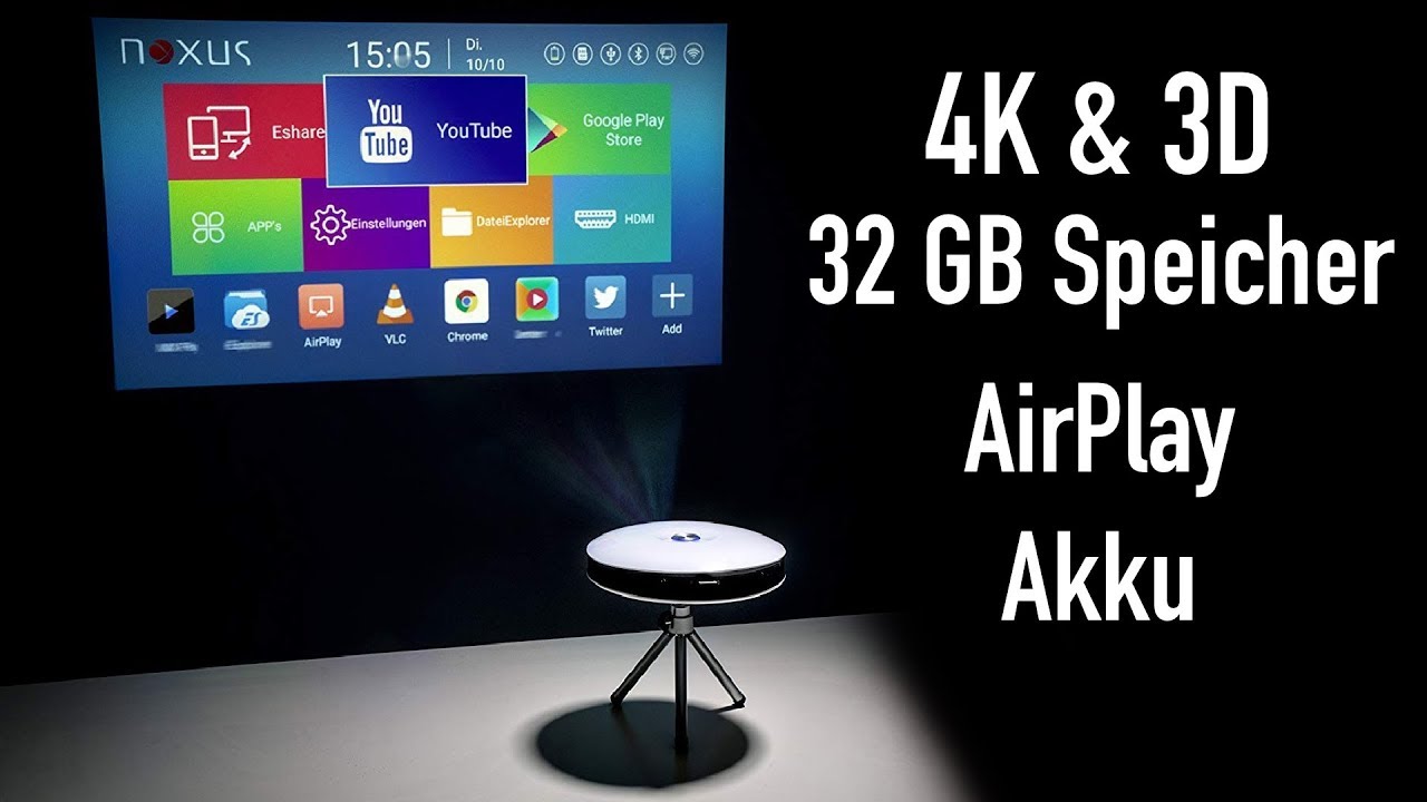 Beamer mit AKKU | 4K FullHD 3D fähig | DLP | LED | 300 Zoll | interner 32GB Speicher | Betriebssystem | WLAN | Bluetooth | HDMI | USB | Lautsprecher | portabel | tragbar Smart Projector NT83 