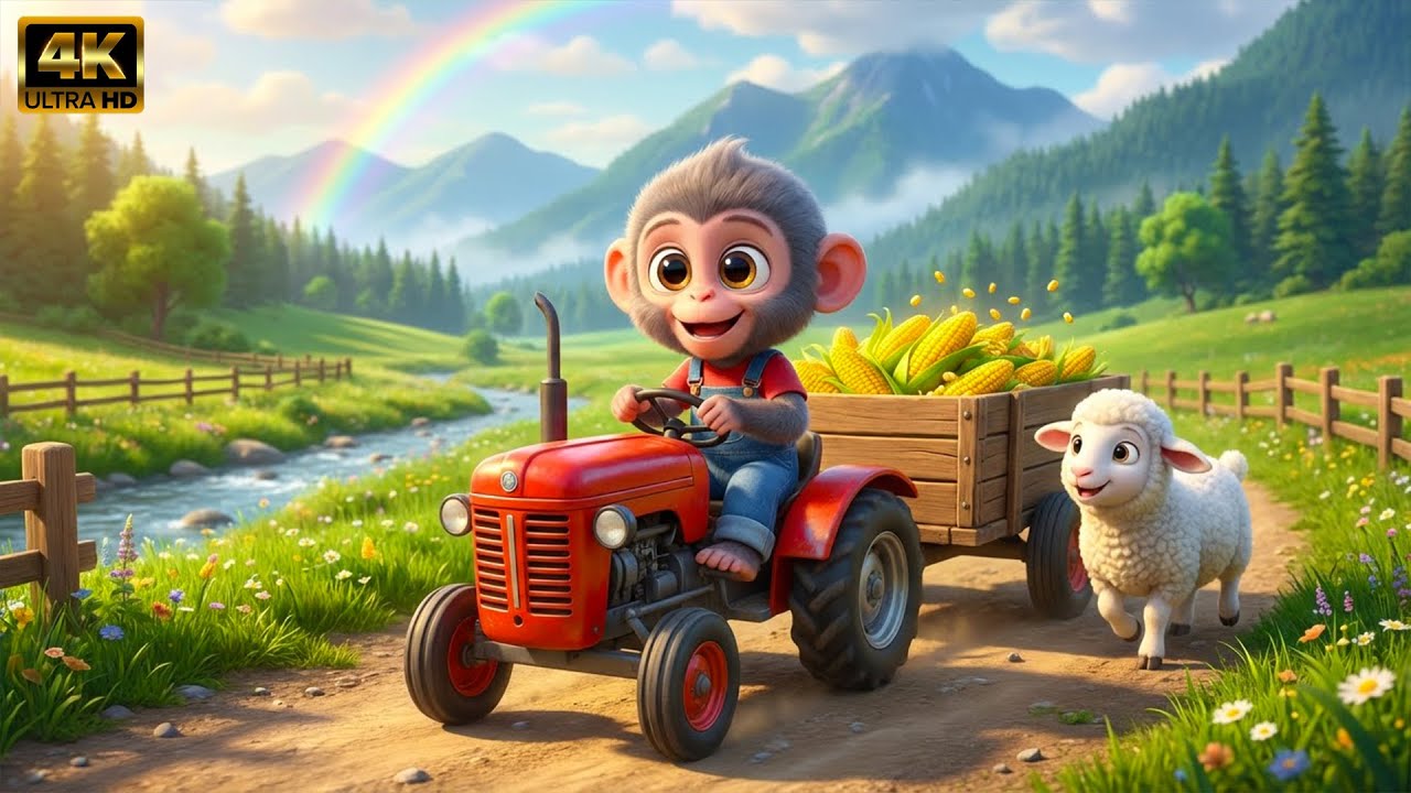 Monkey Ride Tractor WCG Monkey Drives Tractor โ Baby Sheep Follows Him Down the Village ...