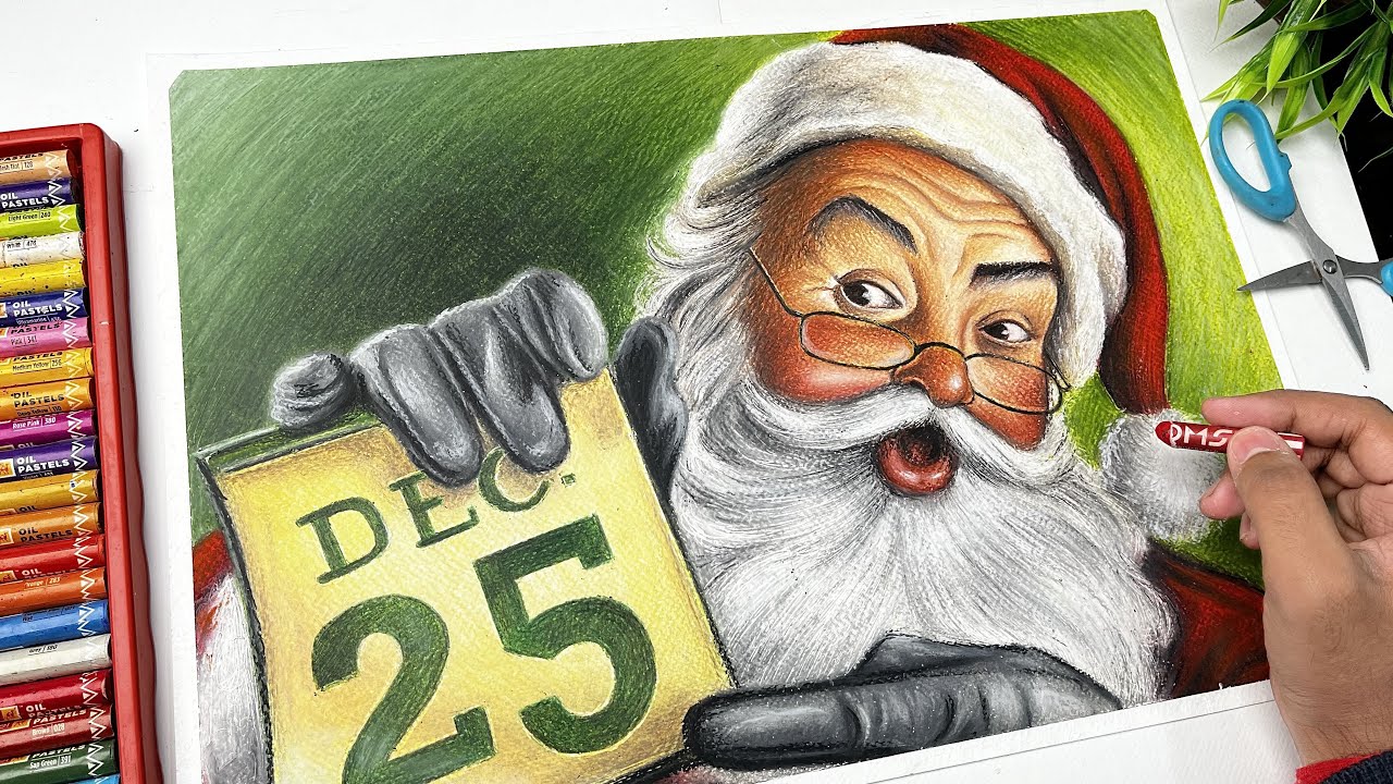 Santa Claus Drawing with Oil pastel, Christmas Day Drawing, For ...