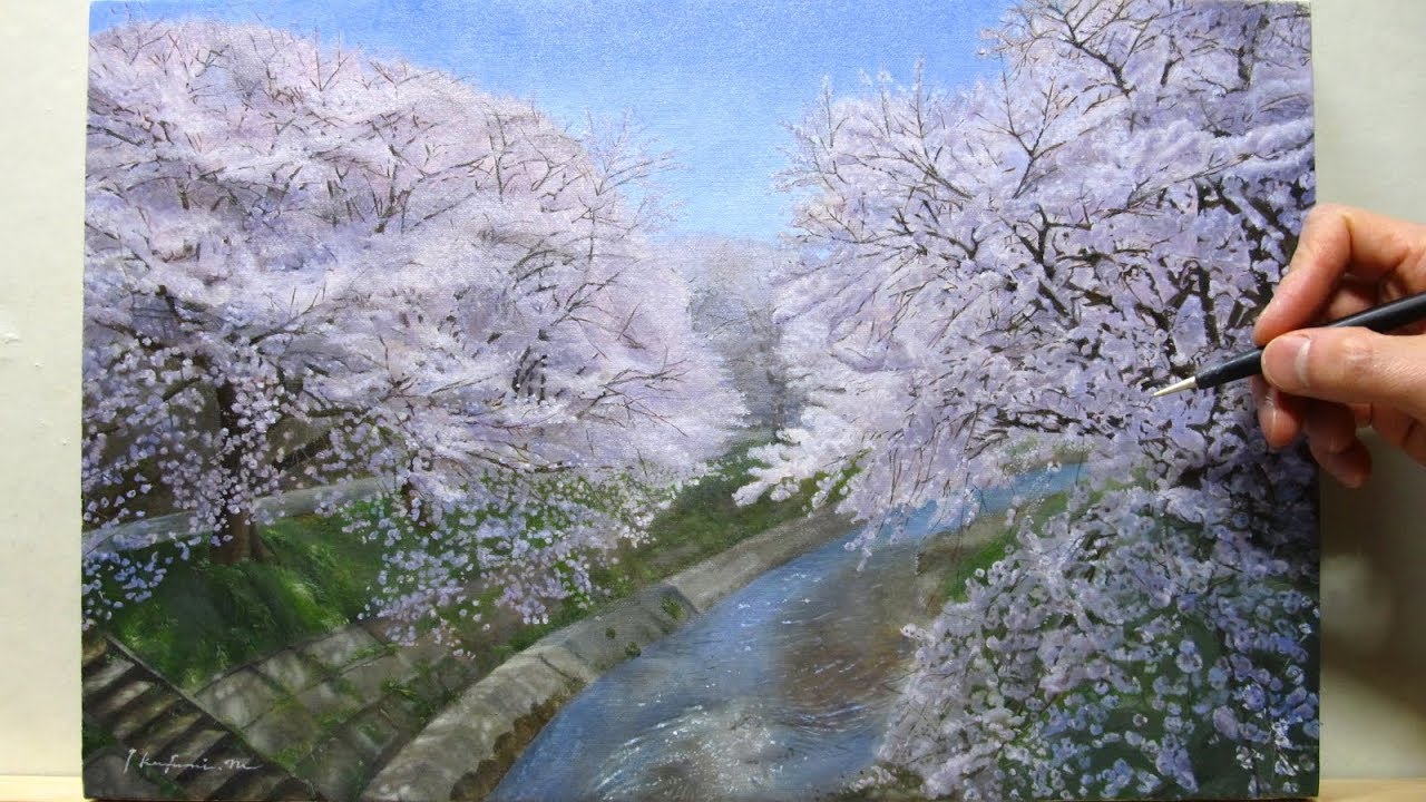油絵 タイムラプス 桜並木を描く Oil Painting Timelapse Cherry Blossom Trees Youtube