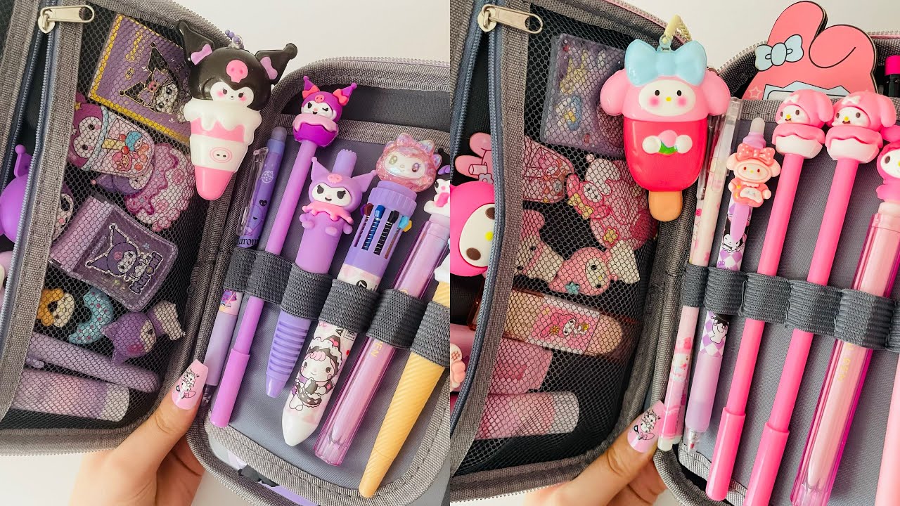 Packing my Pencil Case with cute Kuromi and My Melody Stationery 💜✏️📒✨| ASMR