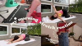 10 min morning stretch, baggy jean hack, my under desk treadmill?? VLOG