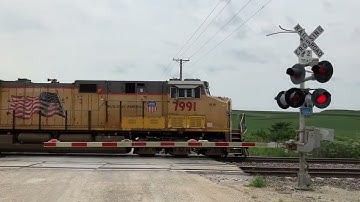 UP 7991 Intermodal Train w/ Mid DPU East, County Rd. P26 Railroad Crossing, near Kennard NE