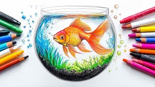 How to Draw Fish in an Aquarium with Glitter | Fun Animal Coloring Page for Kids