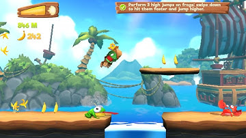 Banana Kong 2 Perform 3 high jumps on frogs:swipe down to hit them faster and jump higher In One Run