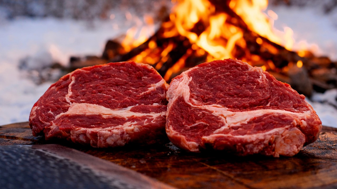 Outdoor Steak Cooking in Deep Winter Snow | Campfire ASMR