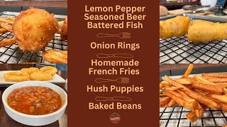 Beer Battered Fish, Hush Puppies, Onion Rings, Fries, Beans (#1211)