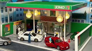 旧トミカタウン JOMO ガソリンスタンド　高速道路料金所　タイムズ駐車場 自作トミカタウン】100均の材料でミニカージオラマを作ってみました