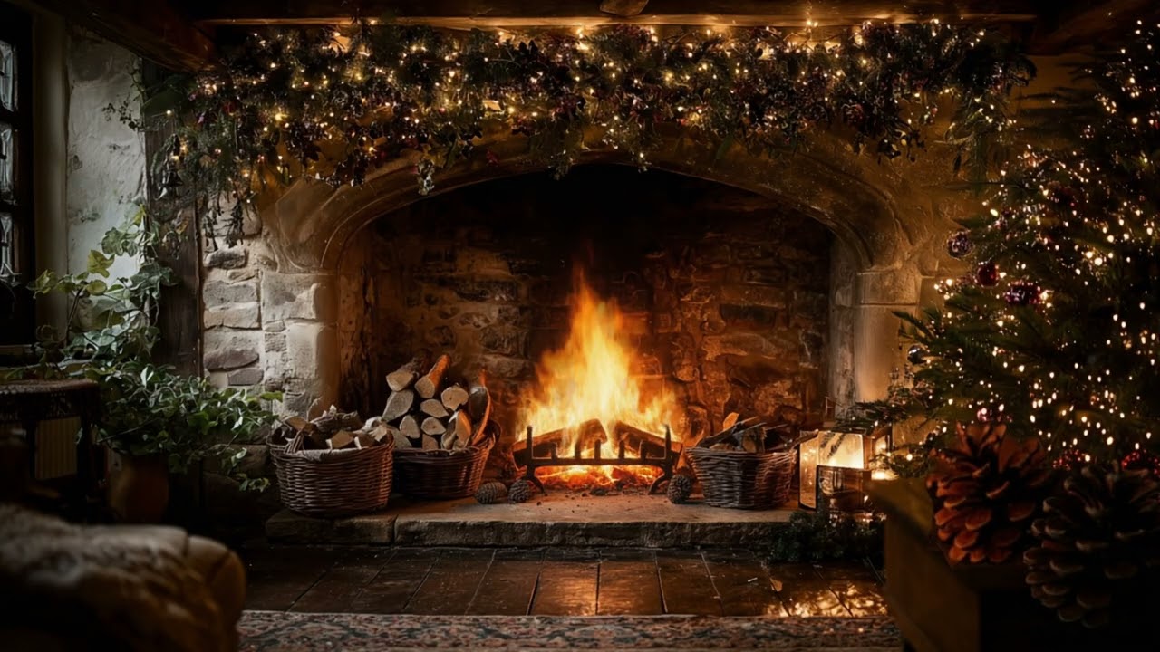 Cosy Cottage at Christmas | Rustic Yule Fireplace | Crackling Fire and Winter Wind Ambient Sounds