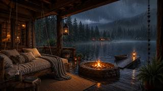 Cozy Lakeside Cabin Porch in Heavy Rain & Crackling Fire 🔥🌧️ Sleep Instantly with Rain Sounds