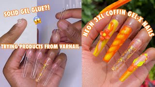 Trying VARNAIL Solid Nail Gel Glue &amp; 3XL Full Cover Coffin Nails | Neon Summer Encapsulated Gel-X